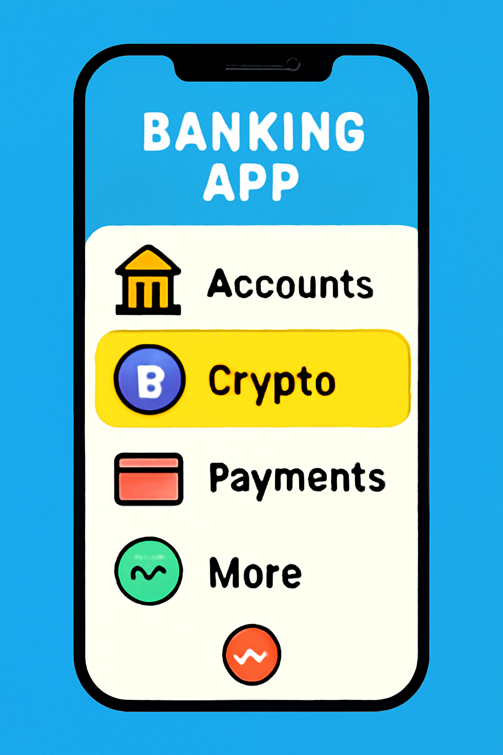 banking app menu with highlighted crypto section icon, vibrant colors
