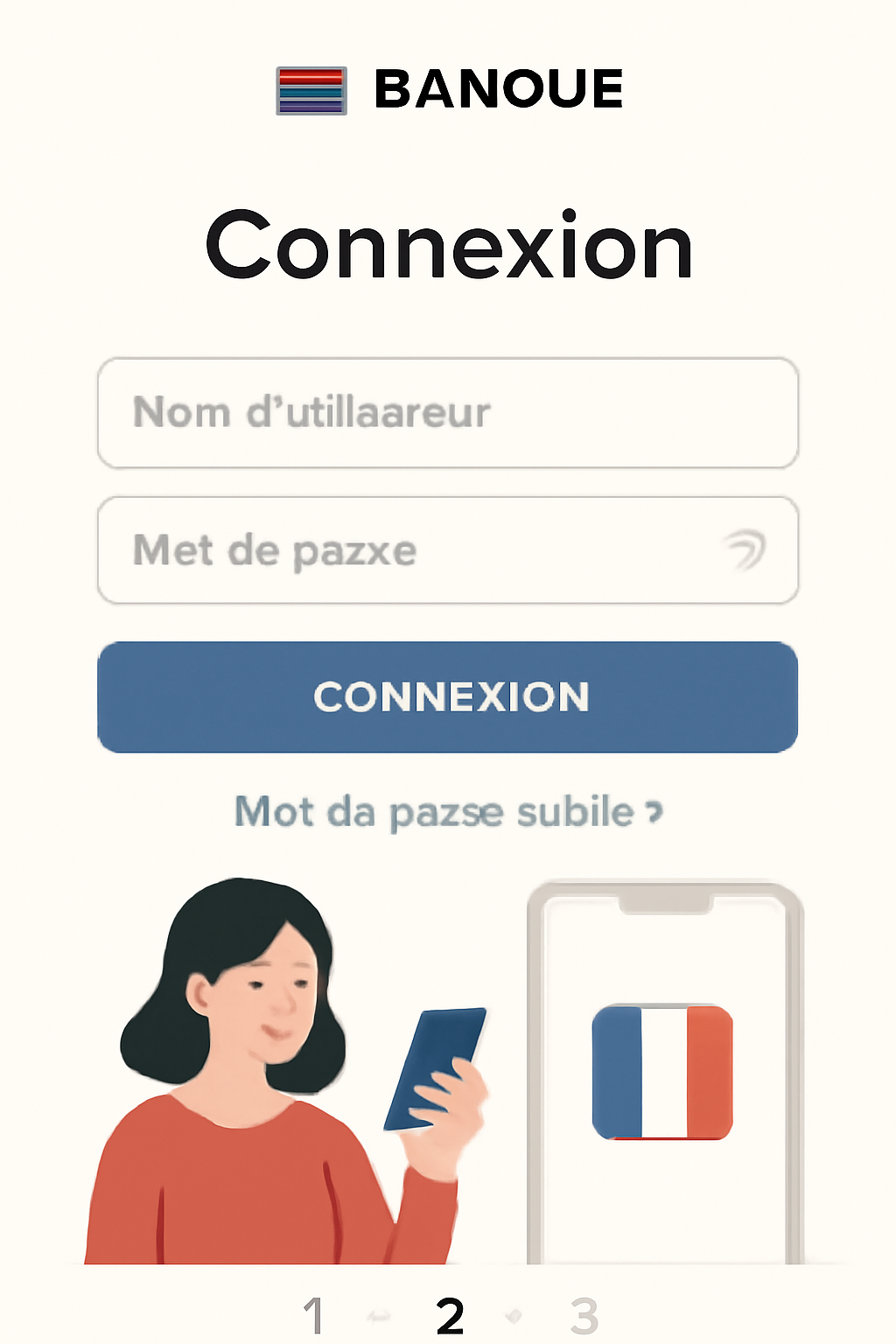 modern mobile banking app login screen, clean UI, French bank branding