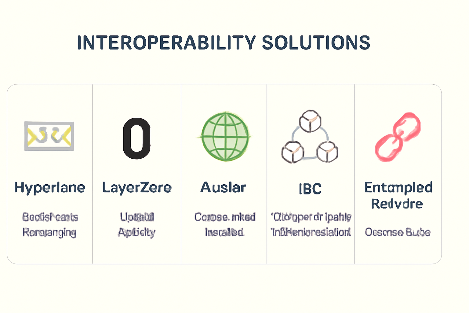 A comparison chart of interoperability solutions like Hyperlane, LayerZero, Axelar, IBC, and Entangled Rollups, each with icons and brief descriptions.