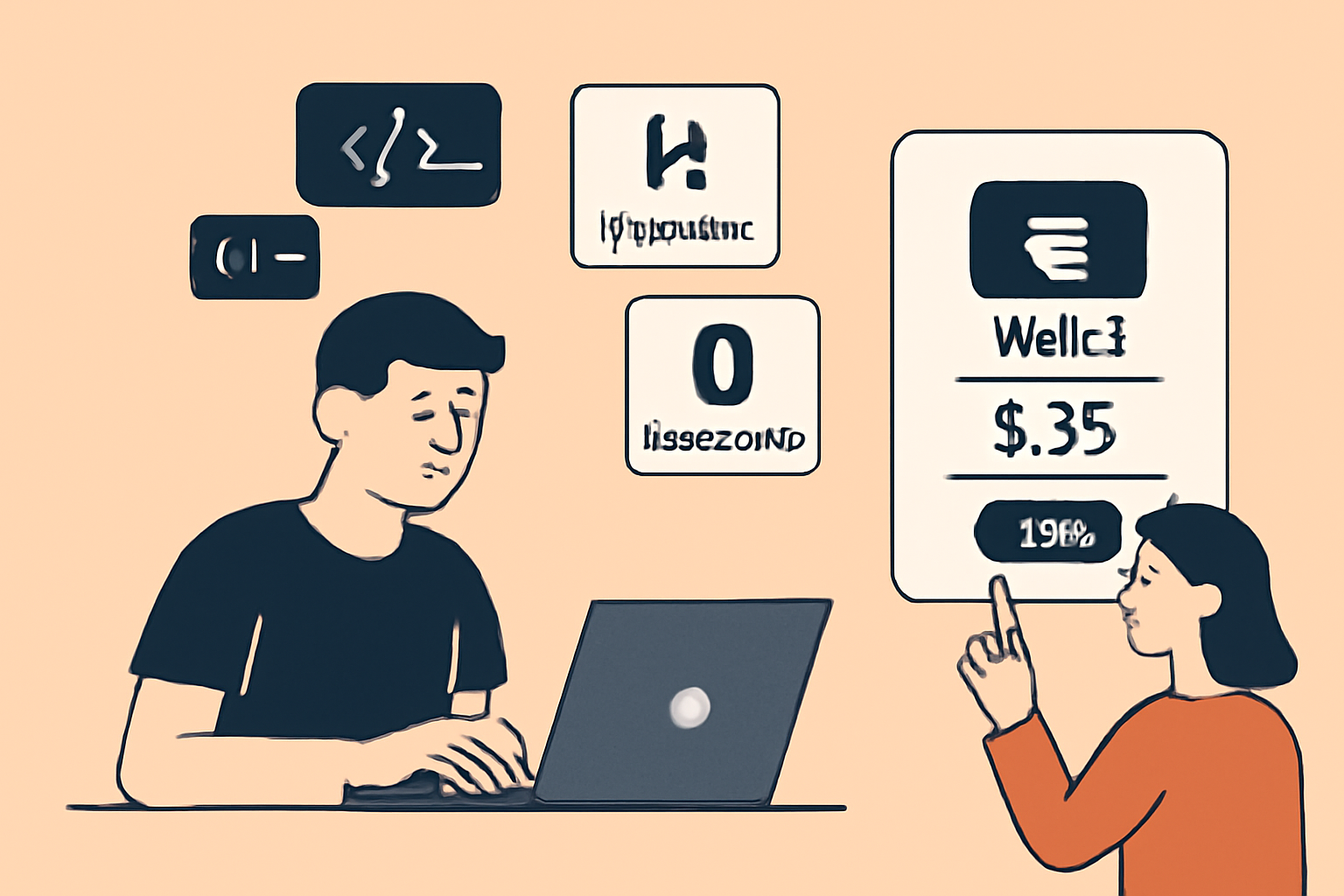 A developer coding on a laptop, with code snippets and protocol logos (e.g., Hyperlane, LayerZero) floating around, and a user interacting with a wallet interface.