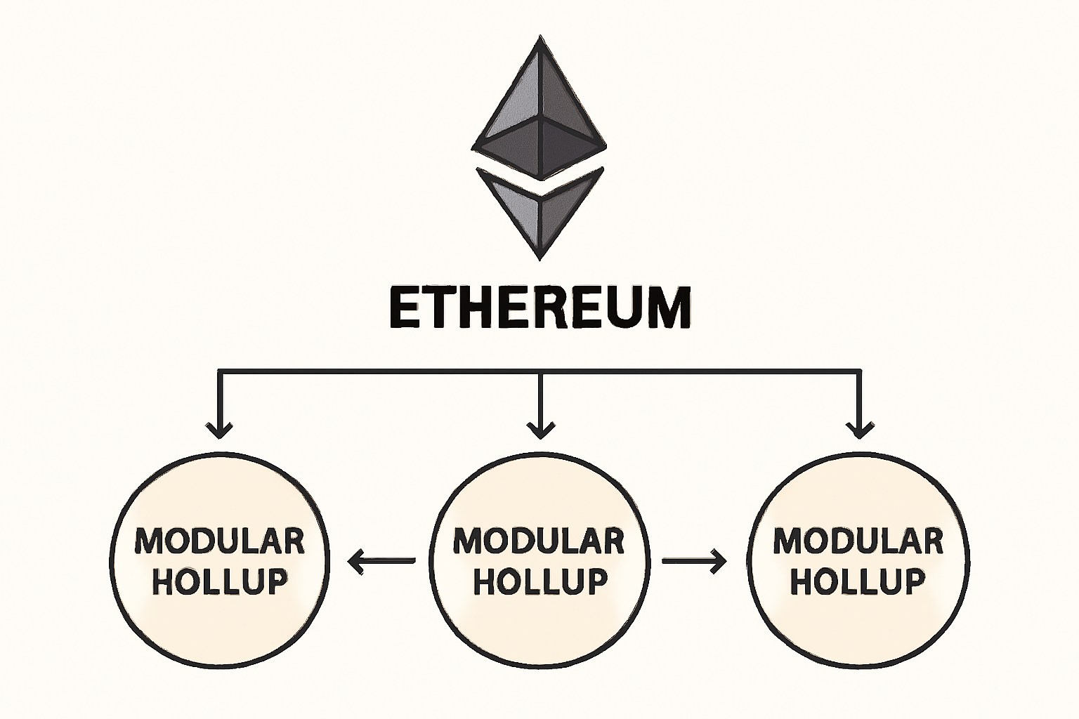 A diagram showing several modular rollups connected to Ethereum, with arrows illustrating data and asset flow between them.