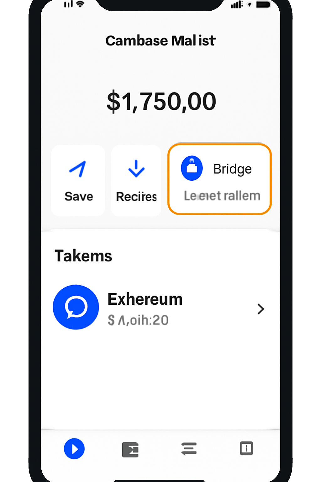 A smartphone screen showing the Coinbase Wallet interface with the 'Bridge' or 'Transfer to Base' button highlighted.
