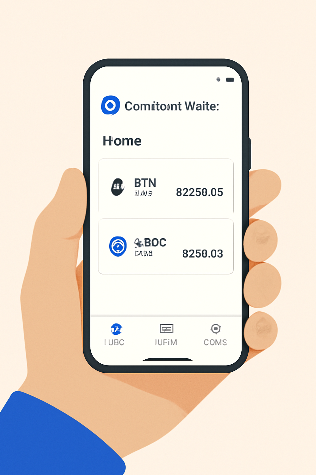 A hand holding a smartphone displaying the Coinbase Wallet app home screen, showing ETH and USDC balances, with a clear and simple interface.
