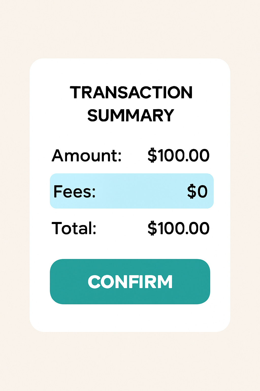 A confirmation screen showing a transaction summary with 'Fees: $0' highlighted and a 'Confirm' button.