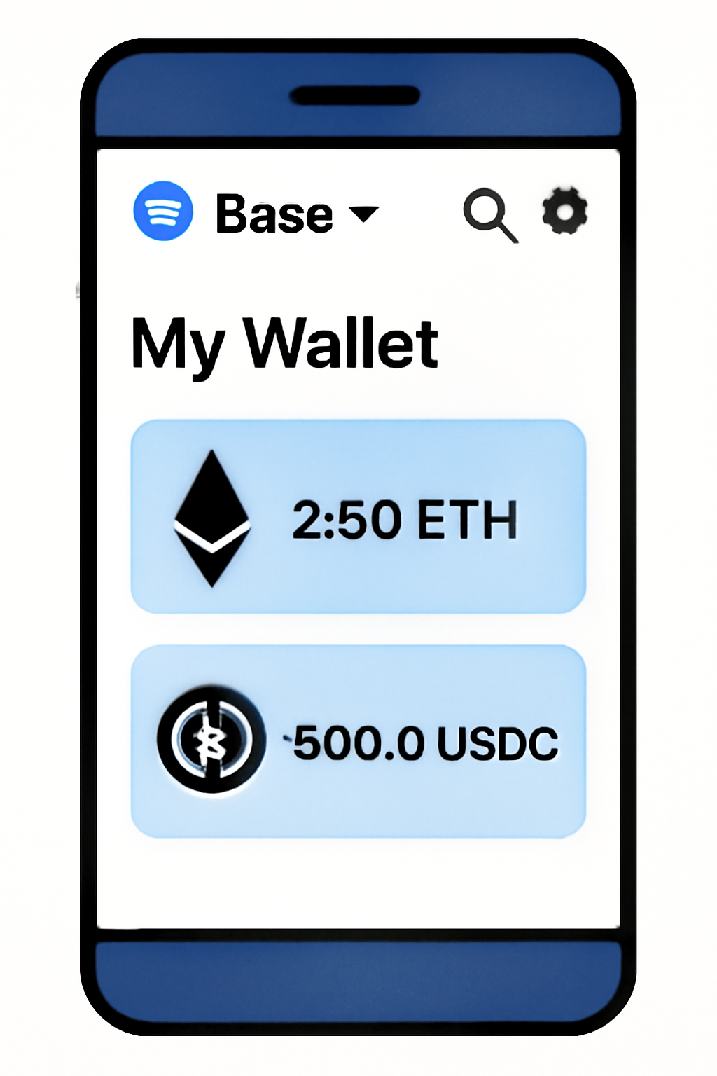 A mobile wallet screen showing the Base network selected and updated ETH or USDC balances displayed clearly.