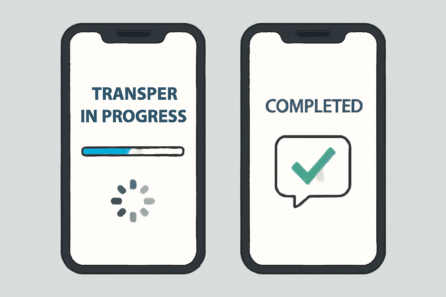 A smartphone screen with a progress bar or spinning icon indicating transfer in progress, then a checkmark notification for completion.