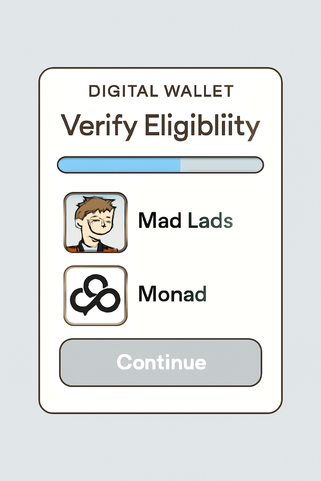 A digital wallet interface verifying eligibility, with a progress bar and icons for Mad Lads and Monad NFTs.