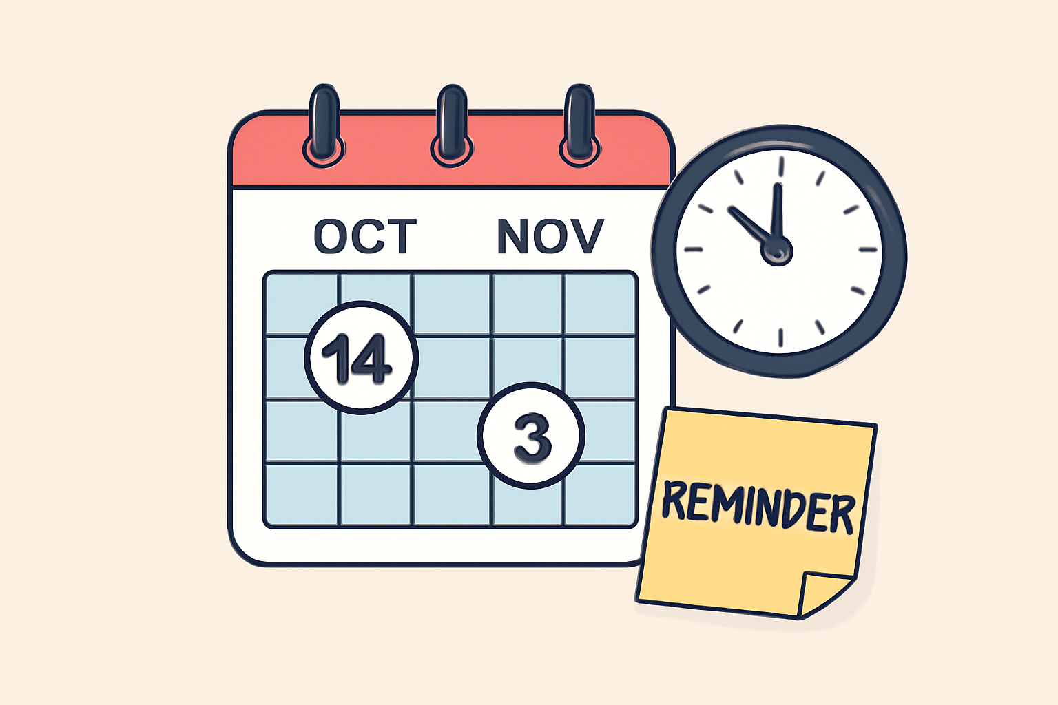 A calendar marked with the dates October 14 and November 3, with a clock symbol and reminder note.