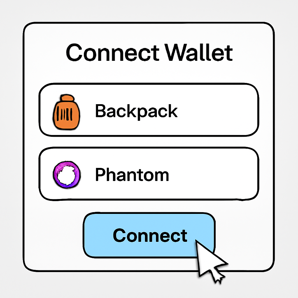 A user interface showing wallet connection options, highlighting Backpack and Phantom wallets, with a cursor clicking 'Connect'.