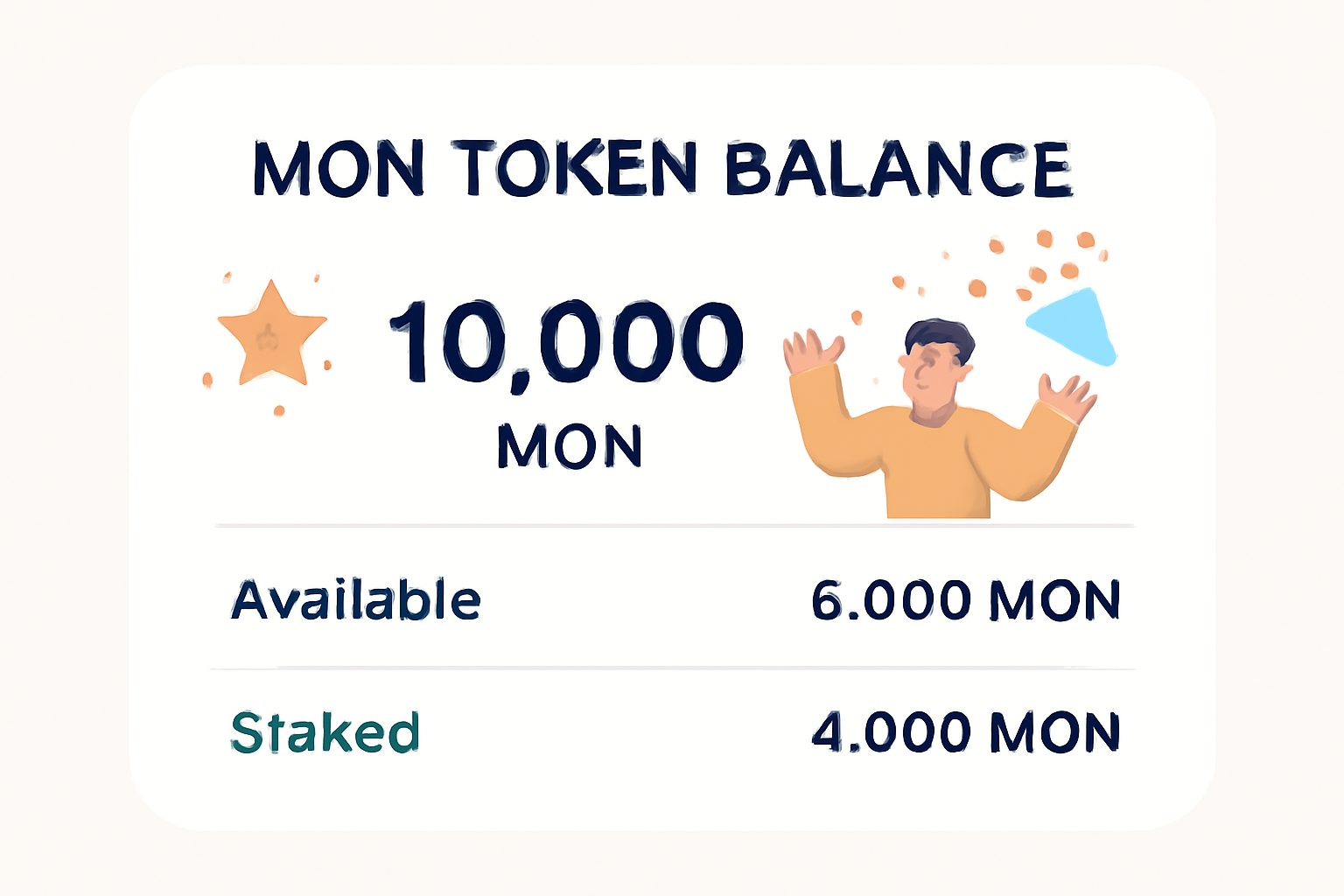 A dashboard displaying a user's MON token balance, with celebratory graphics and clear allocation numbers.