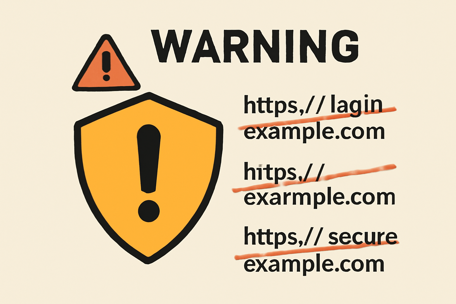 A warning graphic with a shield, exclamation mark, and examples of phishing URLs crossed out.