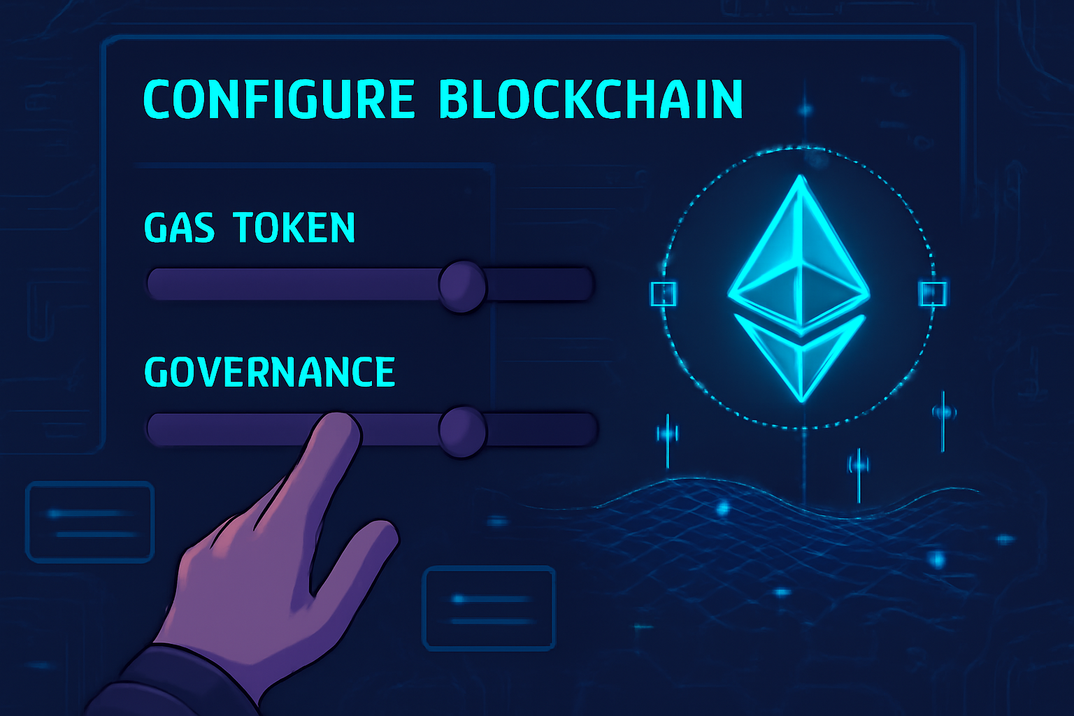 configuring blockchain parameters on a high-tech interface, sliders for gas token and governance, Ethereum network visualization, cyberpunk style
