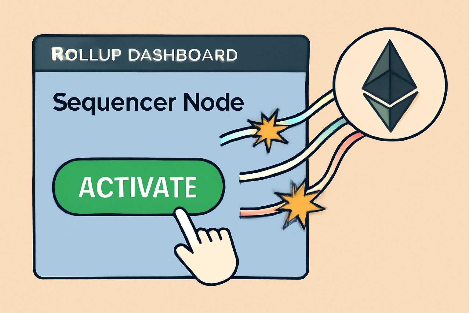 deploying sequencer node in a rollup dashboard, green activation button, data streams flowing to Ethereum, dynamic energy bursts