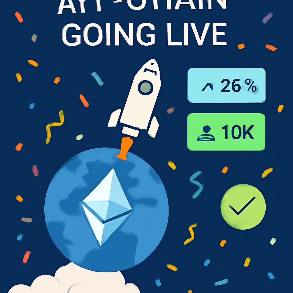 app-chain going live, launch rocket blasting off from Ethereum globe, confetti and success metrics, celebratory futuristic scene