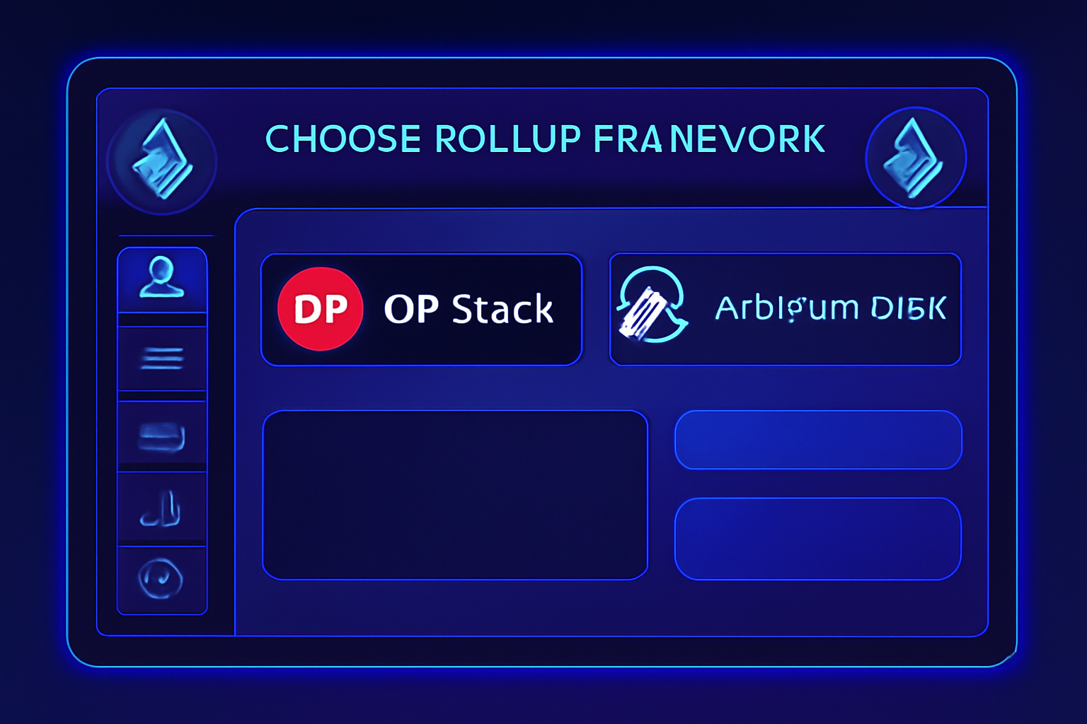sleek dashboard selecting rollup frameworks like OP Stack and Arbitrum Orbit, neon Ethereum logos, futuristic UI, vibrant blues and purples