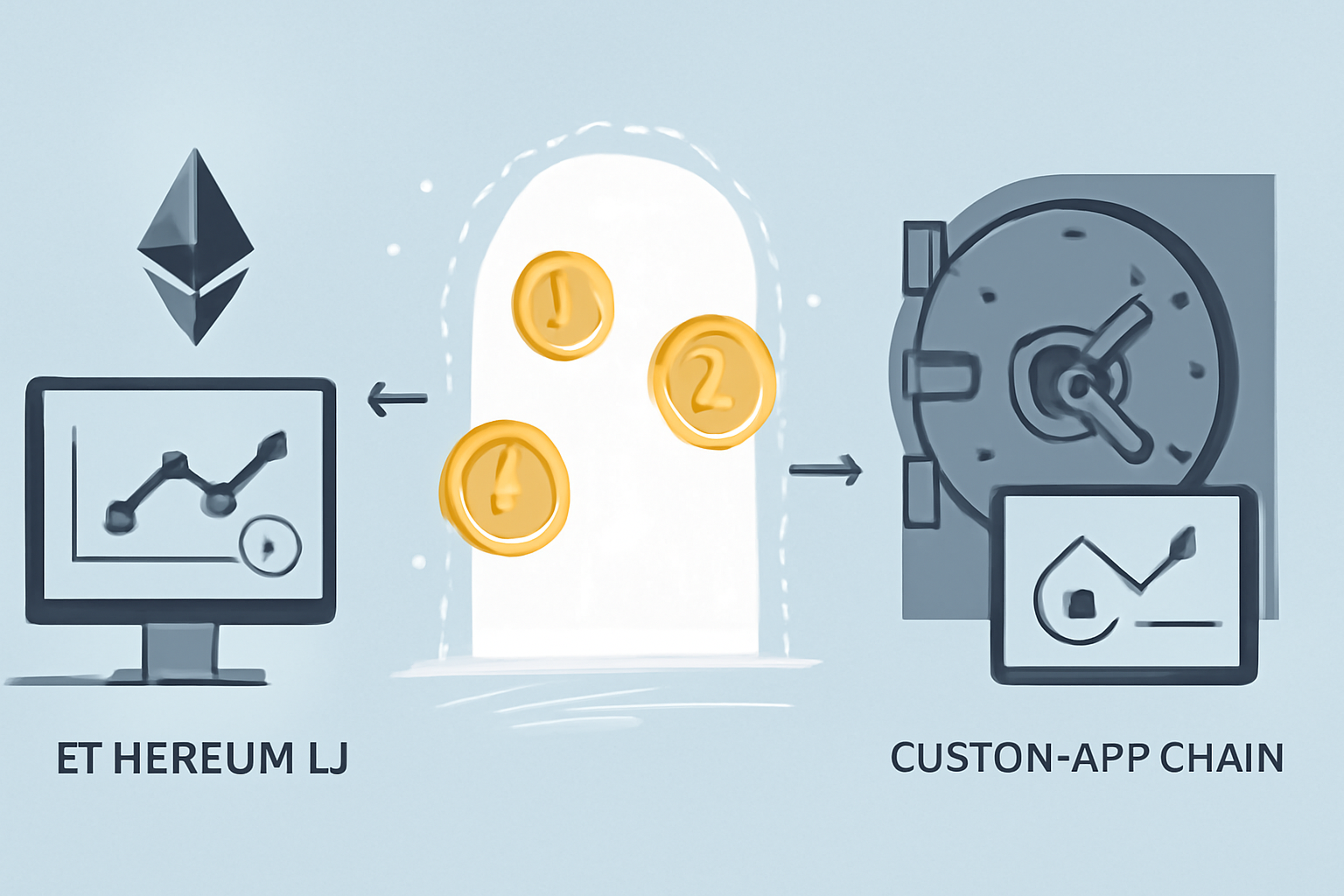 testing bridge between Ethereum L1 and custom app-chain, tokens crossing glowing portal, charts showing successful transfers, secure vault aesthetic