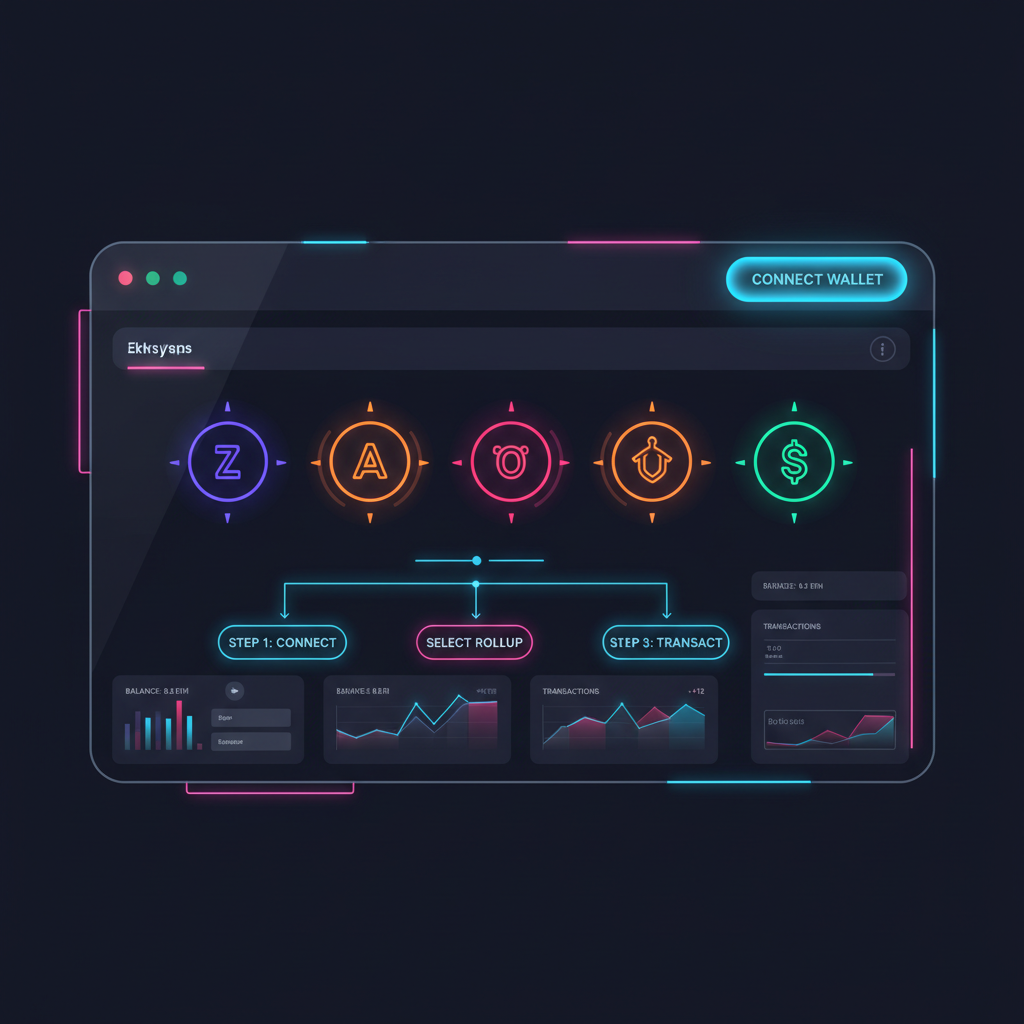 futuristic web dashboard with wallet connection button glowing blue, Ethereum rollup icons, neon UI