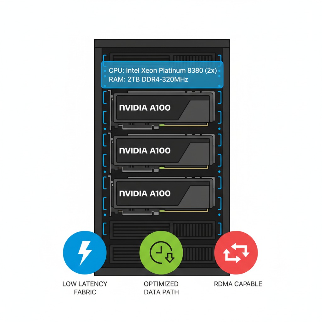 high-end server rack with NVIDIA A100 GPUs, CPU RAM specs overlay, low latency optimization icons