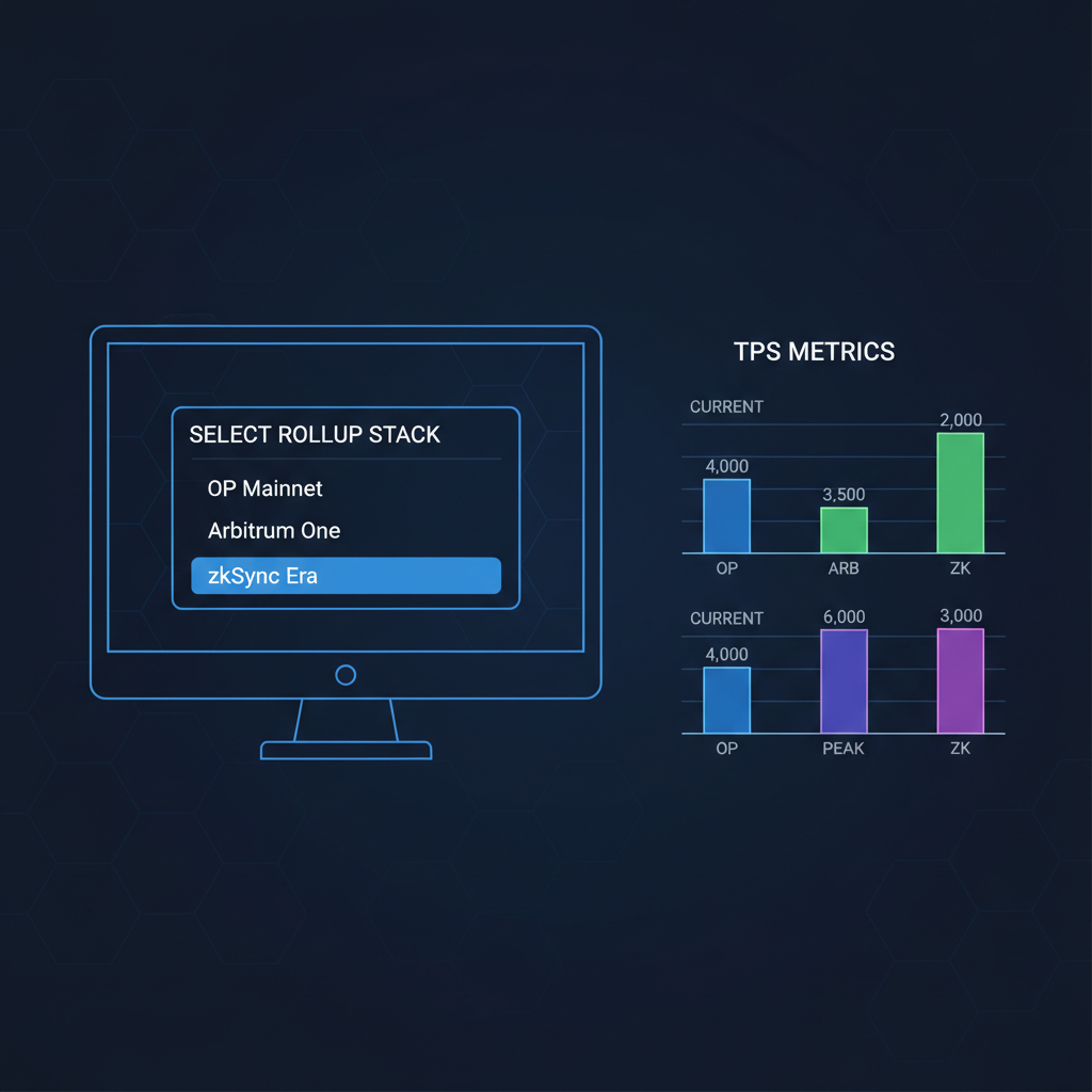 dropdown menu selecting Ethereum rollup stacks OP Arbitrum zkSync, charts showing TPS metrics, dark tech theme