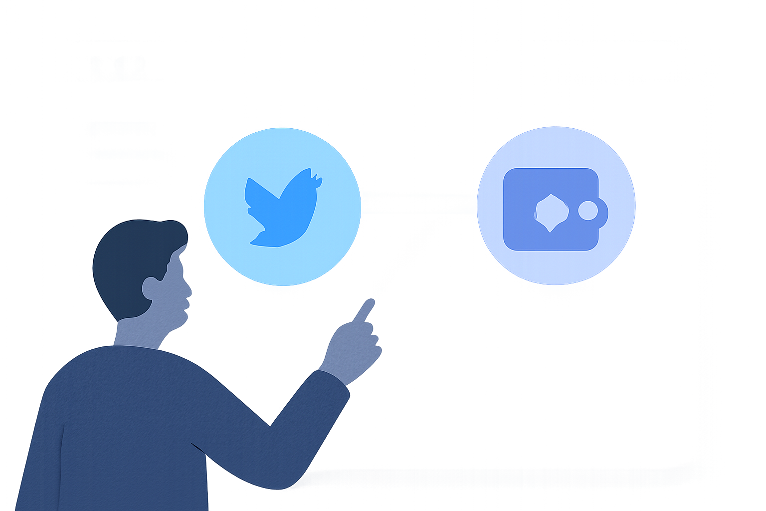 user connecting Twitter and crypto wallet icons on web app, clean interface, holographic links