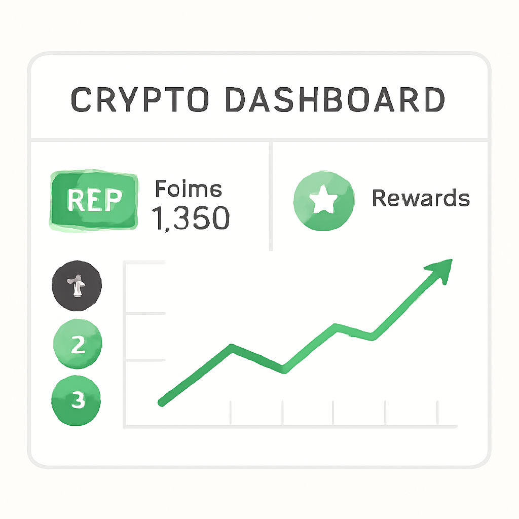 crypto dashboard displaying REP points badges rewards graph, modern analytics UI, green upward trends