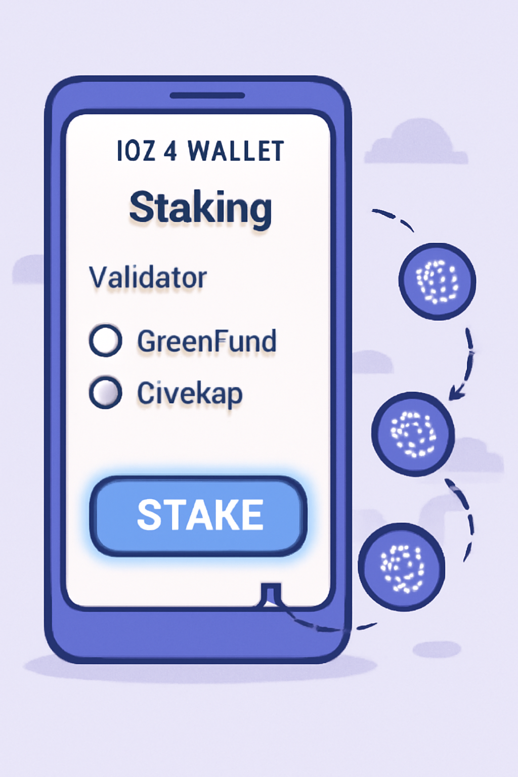 IOTA wallet app staking interface selecting GiveRep validator, glowing stake button, digital currency flow