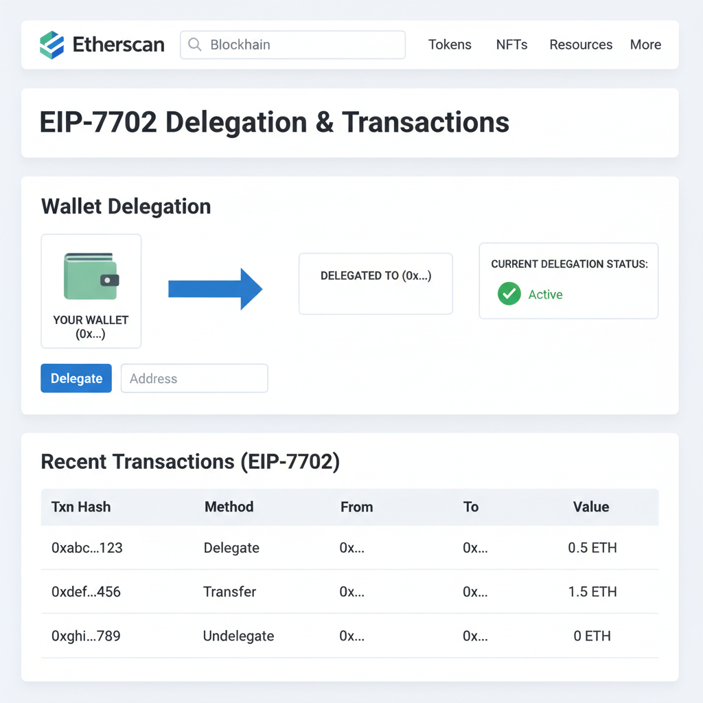 Etherscan interface showing EIP-7702 wallet delegation and transactions, clean screenshot style