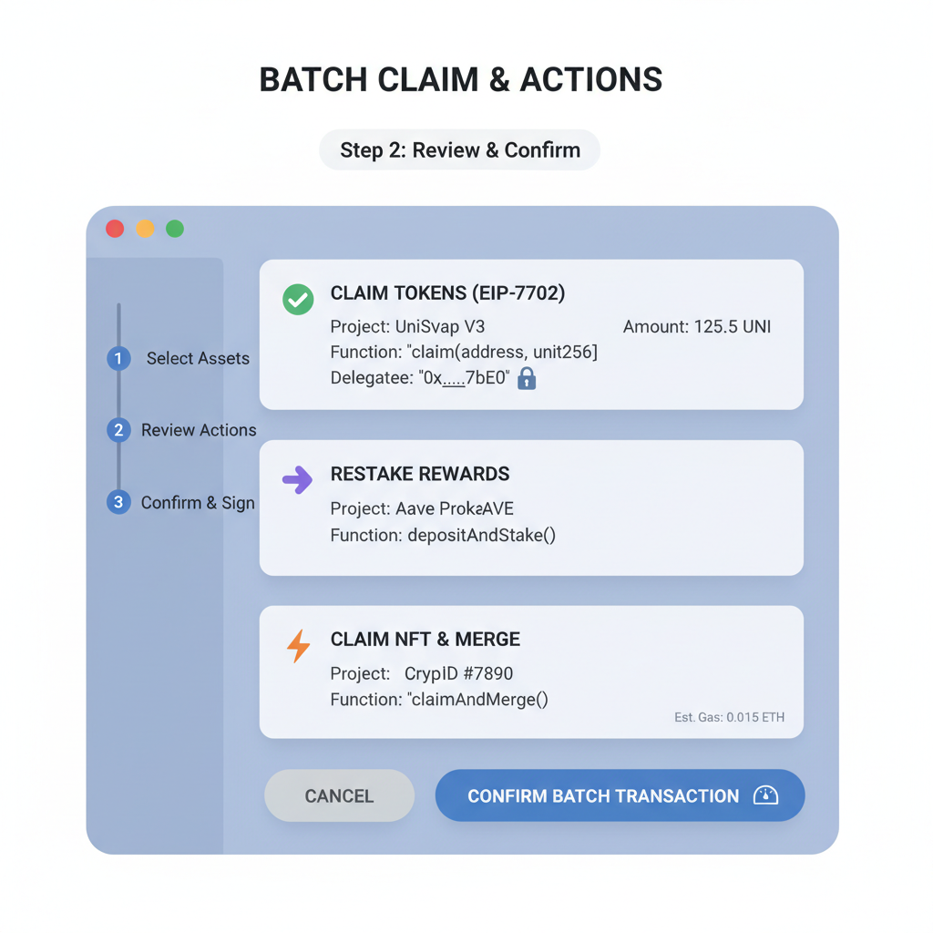 Batch claim transaction UI with EIP-7702, multiple actions listed