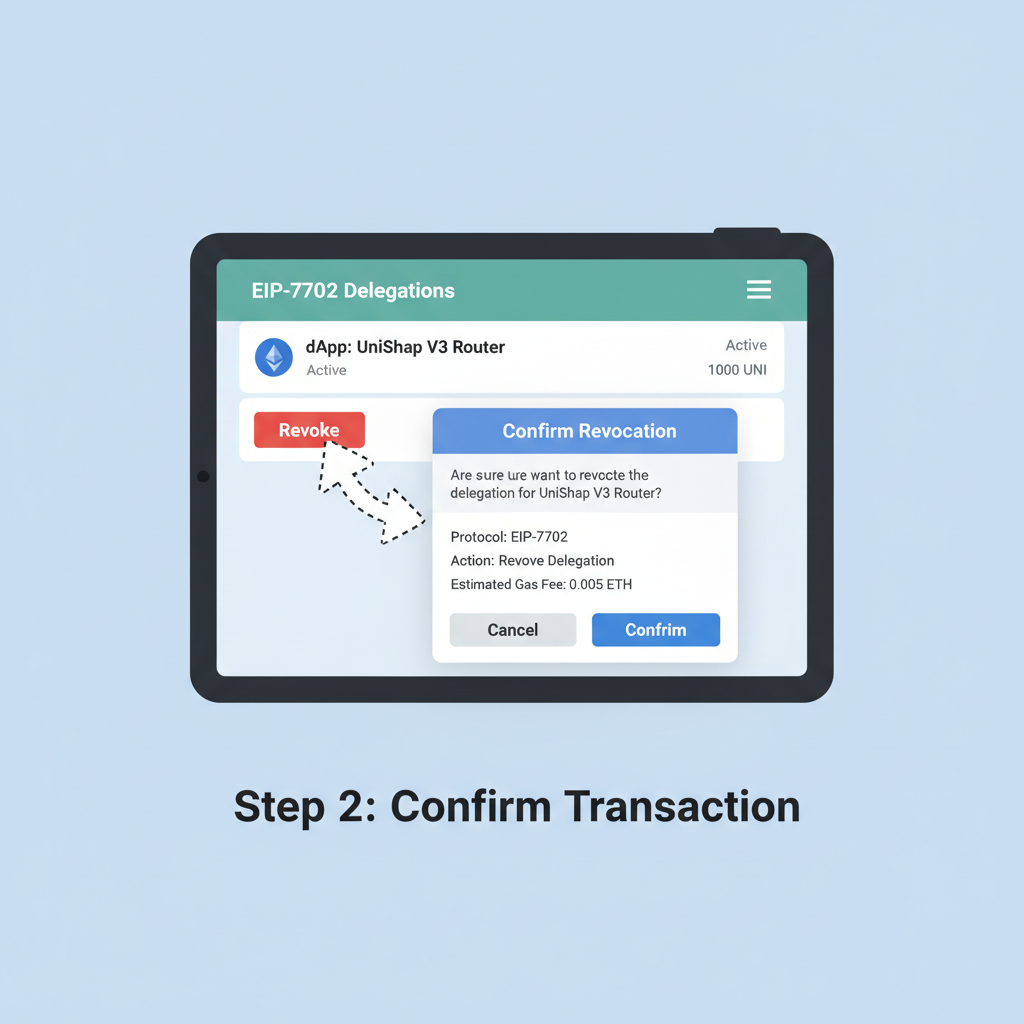 Wallet interface revoking EIP-7702 delegation, transaction confirmation popup