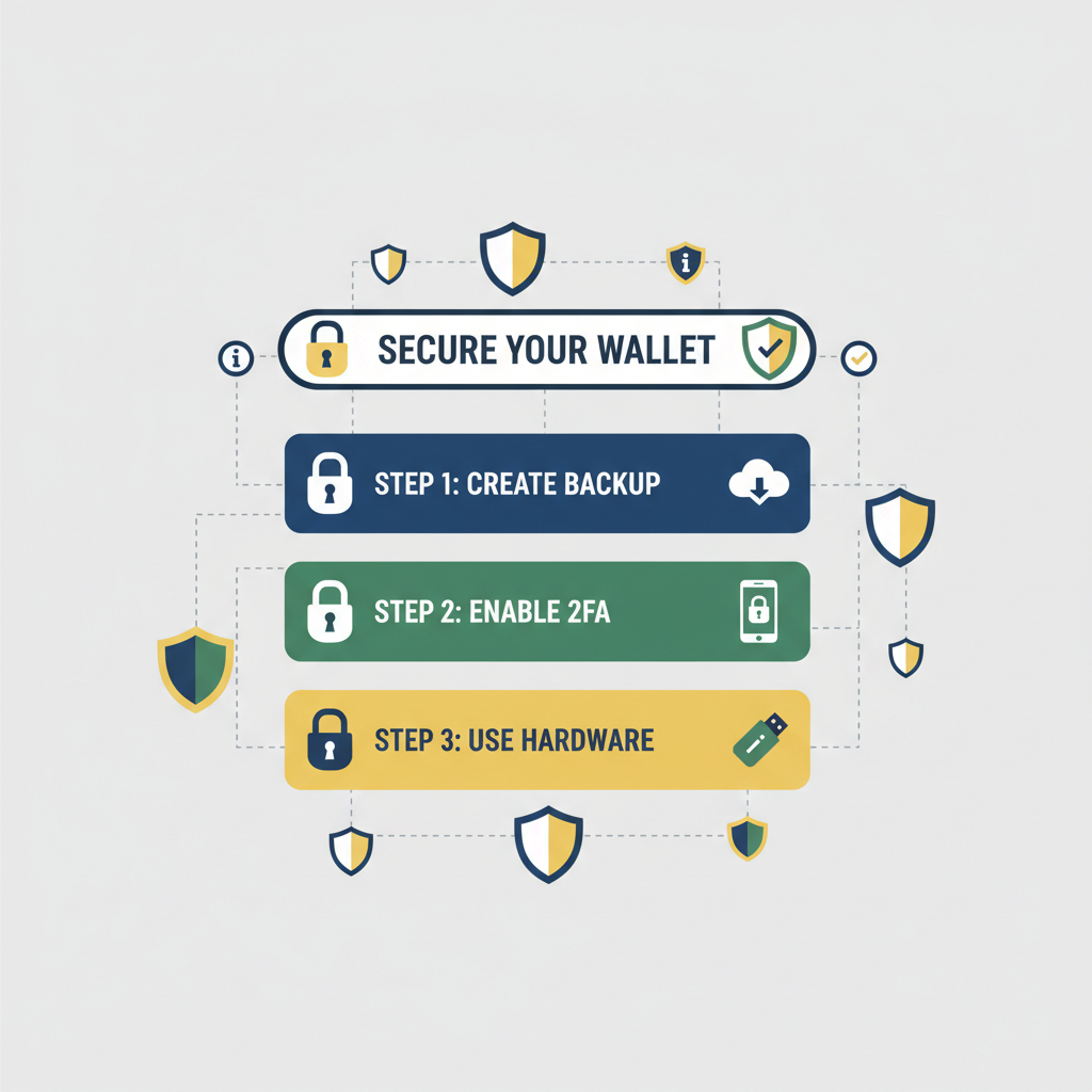 Secure wallet dashboard with locks and shields, educational icons