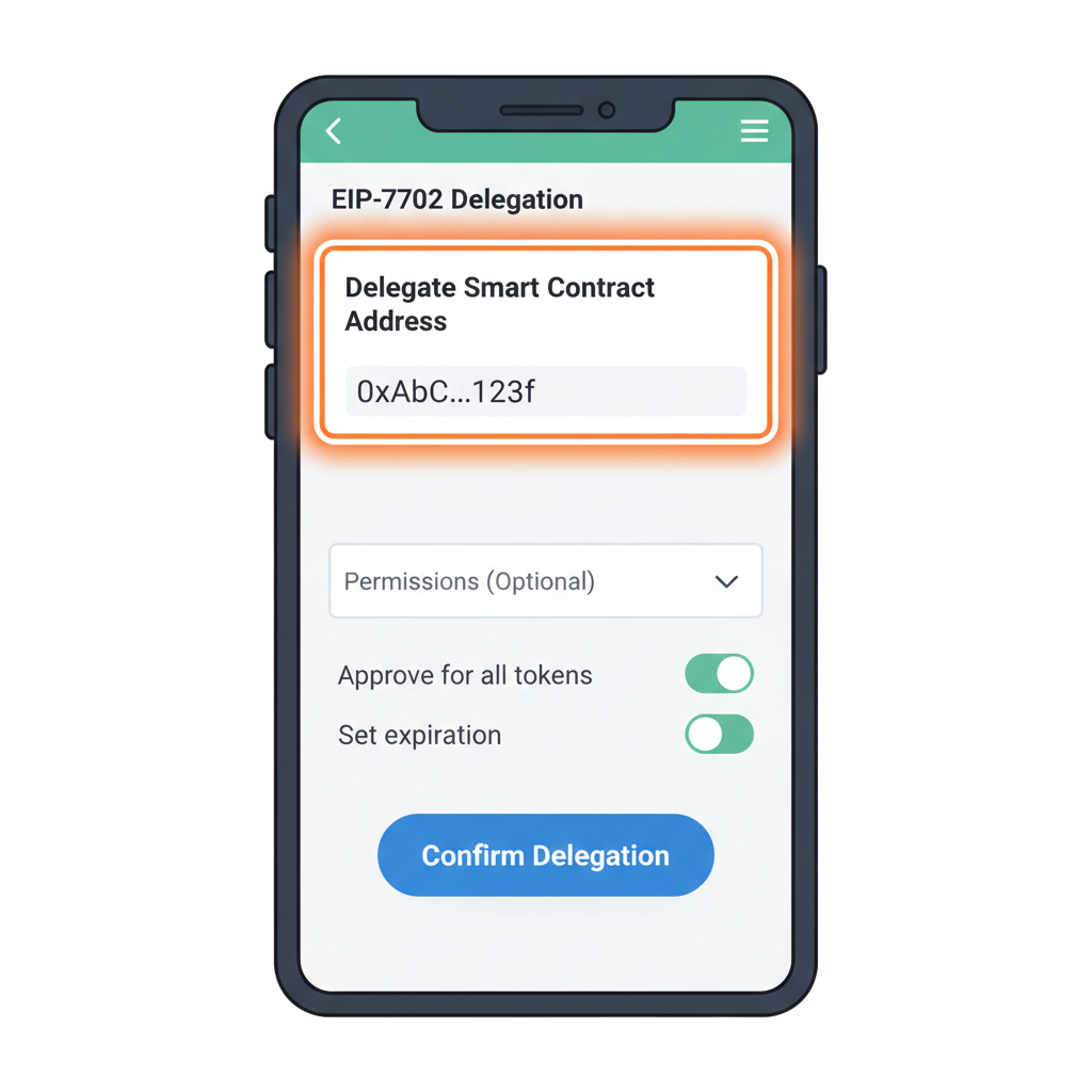 EIP-7702 delegation setup in wallet UI, smart contract address highlighted