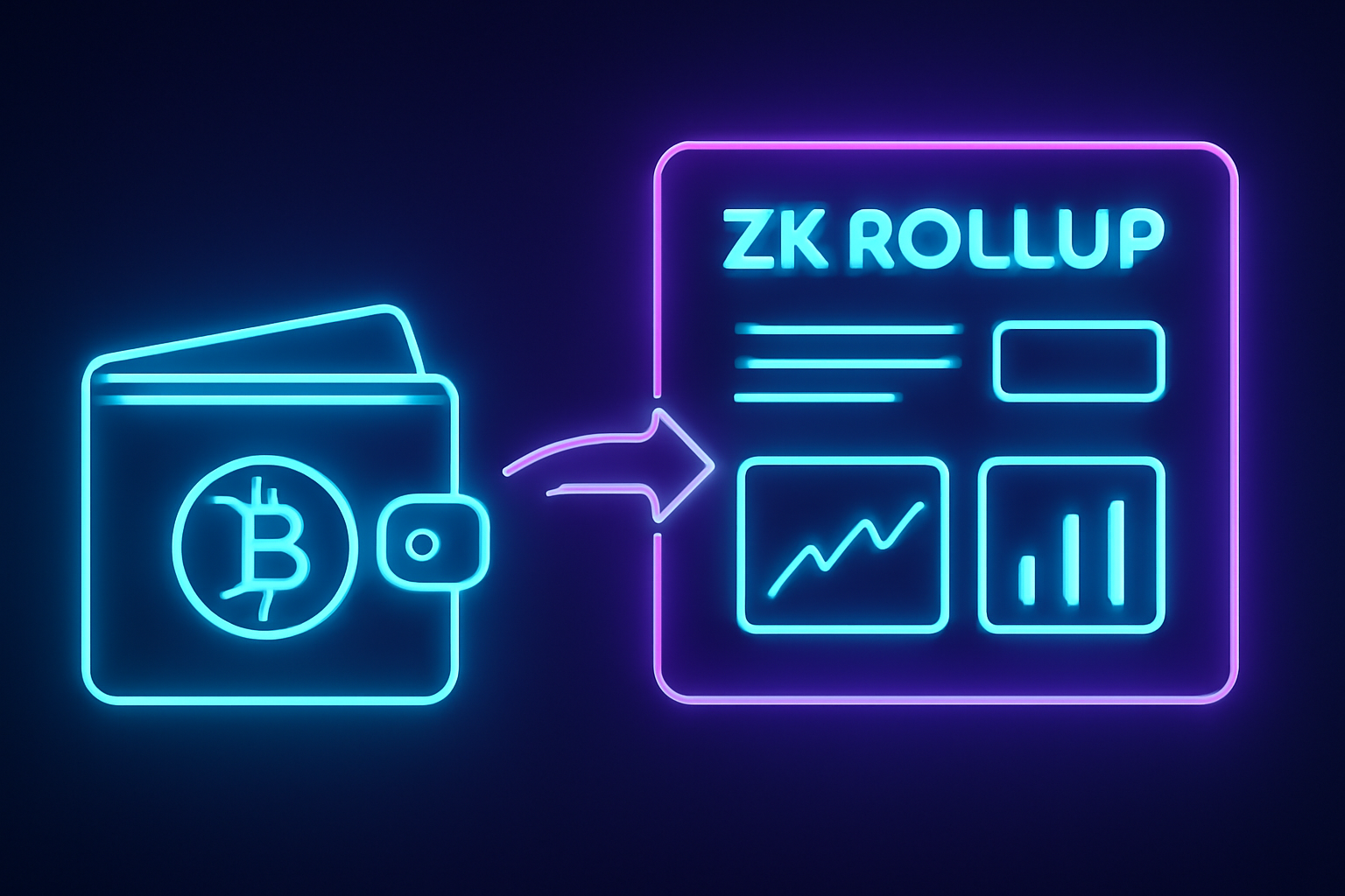 bitcoin wallet connecting to zk rollup dashboard, glowing neon interface, cyberpunk style
