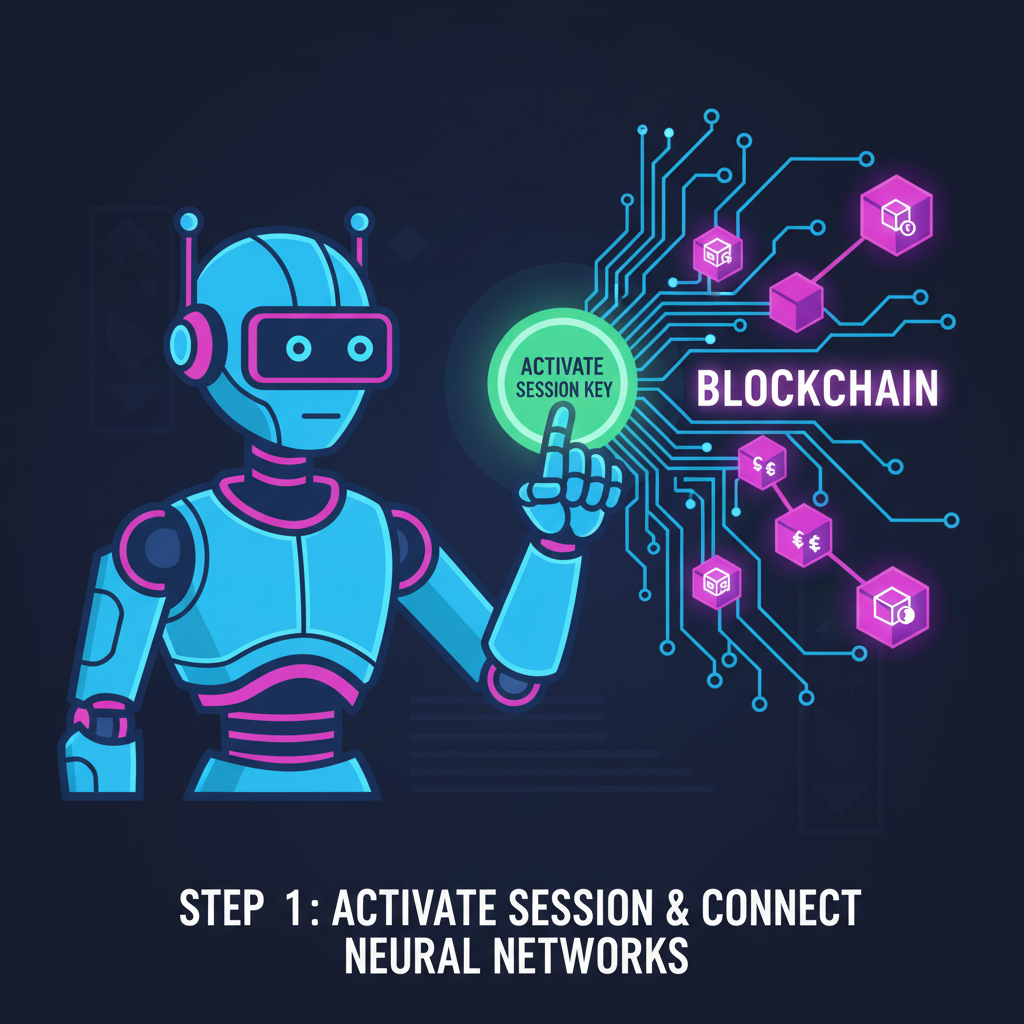AI robot agent activating session key, neural networks connecting to blockchain, vibrant neon