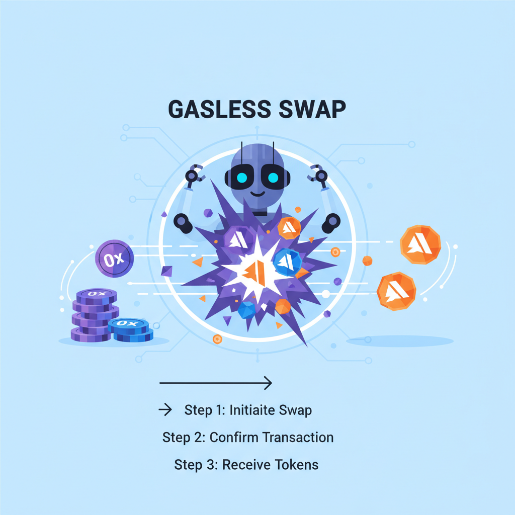 AI agent performing crypto swap, tokens flying gasless, 0x and Avalanche logos exploding