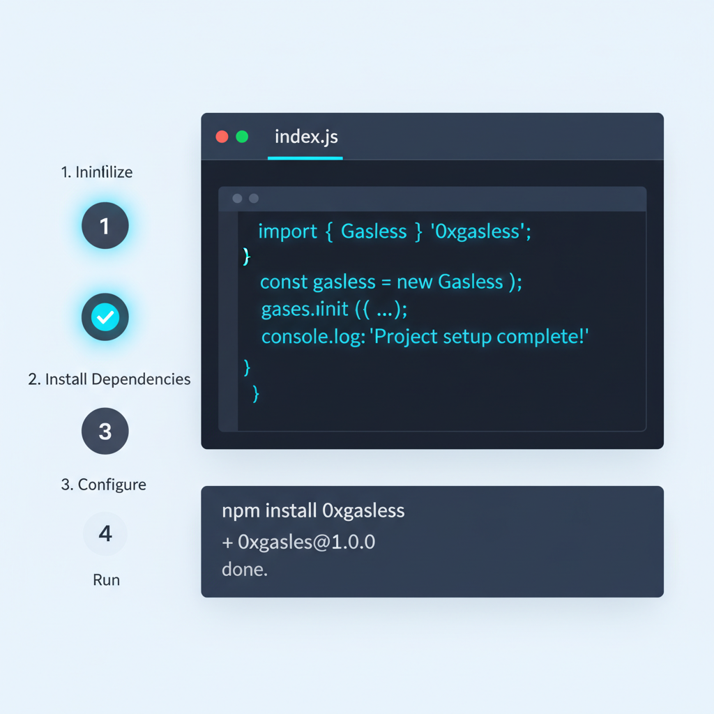 Node.js project setup screen with 0xgasless import code, electric blue code lines, futuristic UI