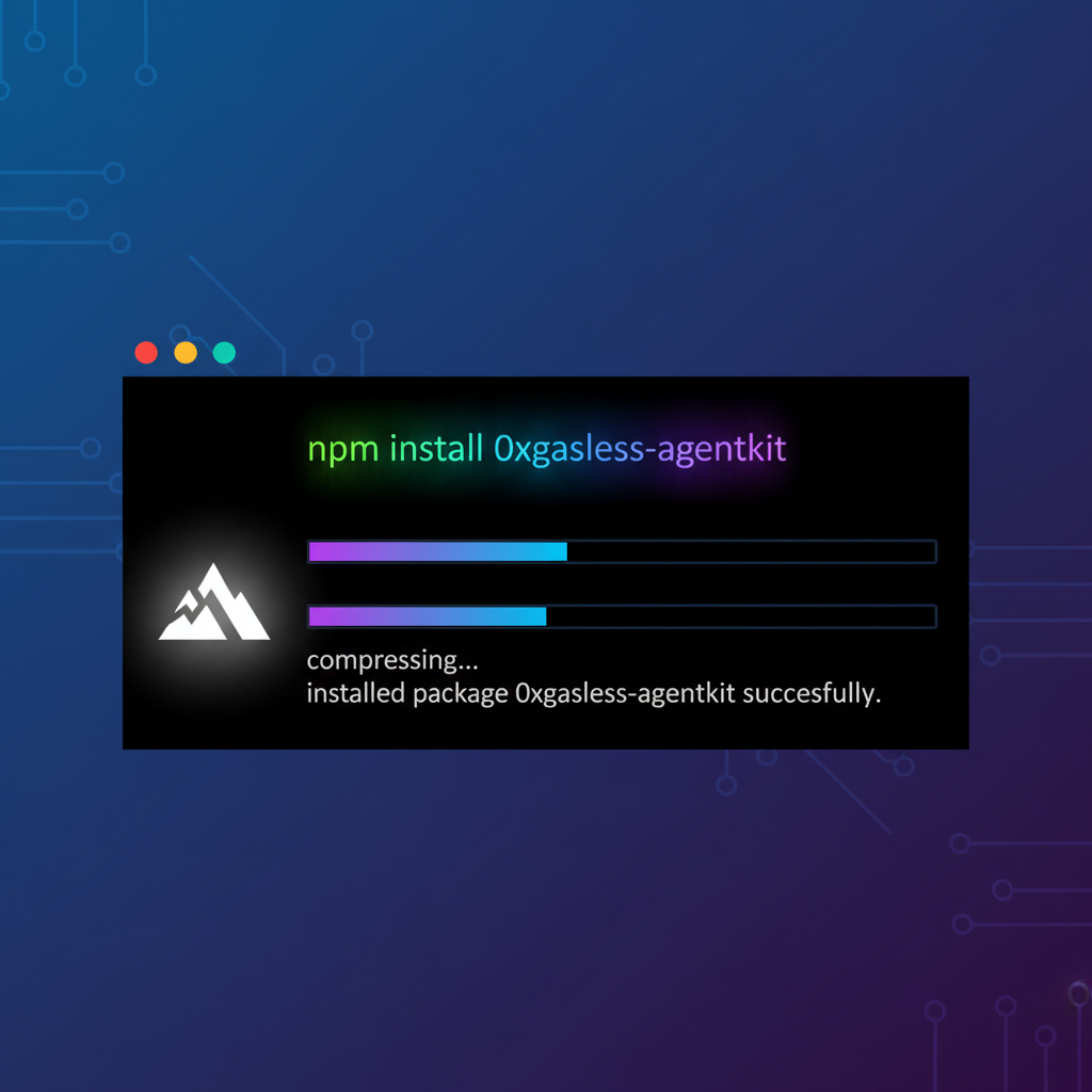 terminal window installing npm package 0xgasless agentkit, cyberpunk code glow, Avalanche mountain logo
