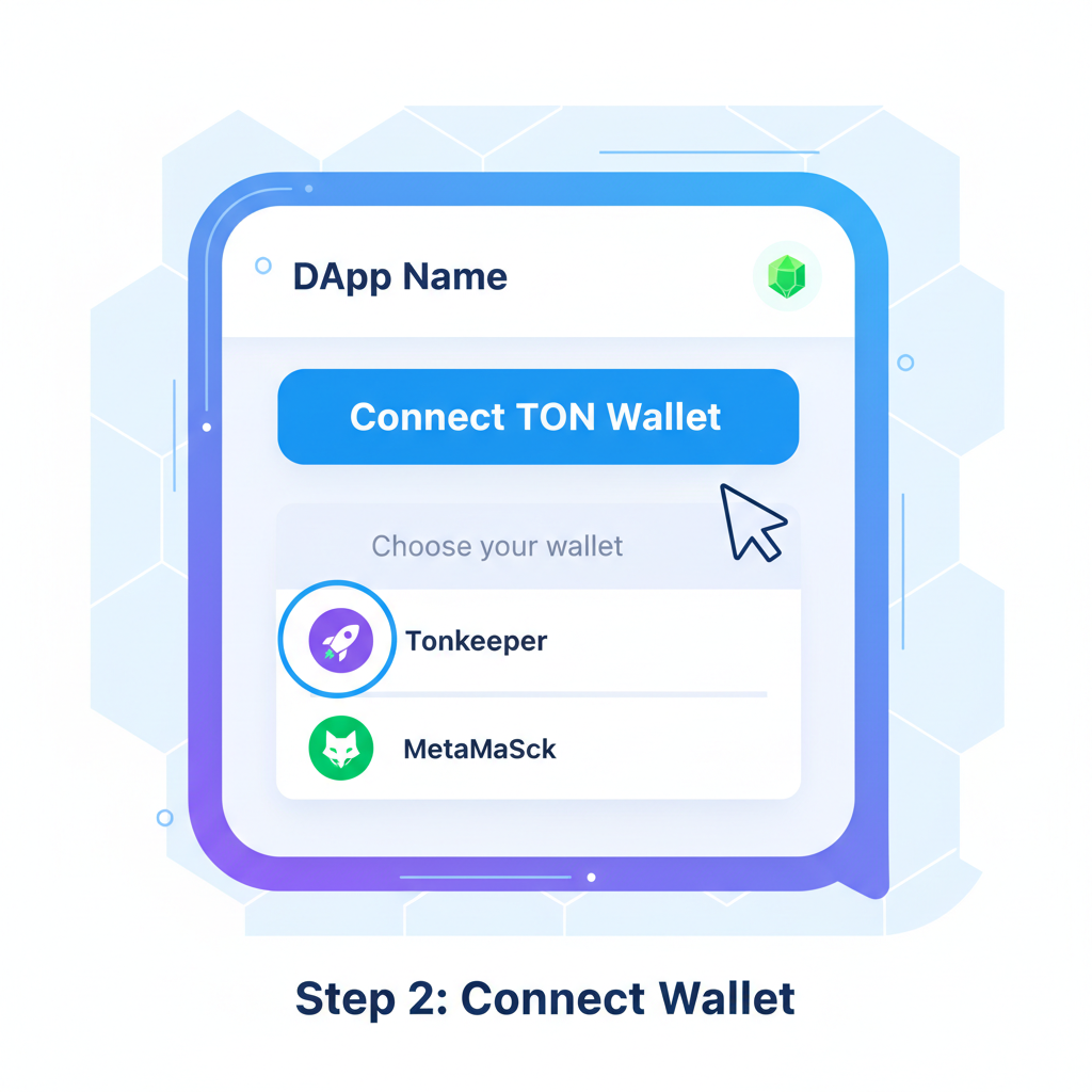 Telegram Mini App screen with TON Connect wallet button, user selecting wallet, futuristic crypto UI