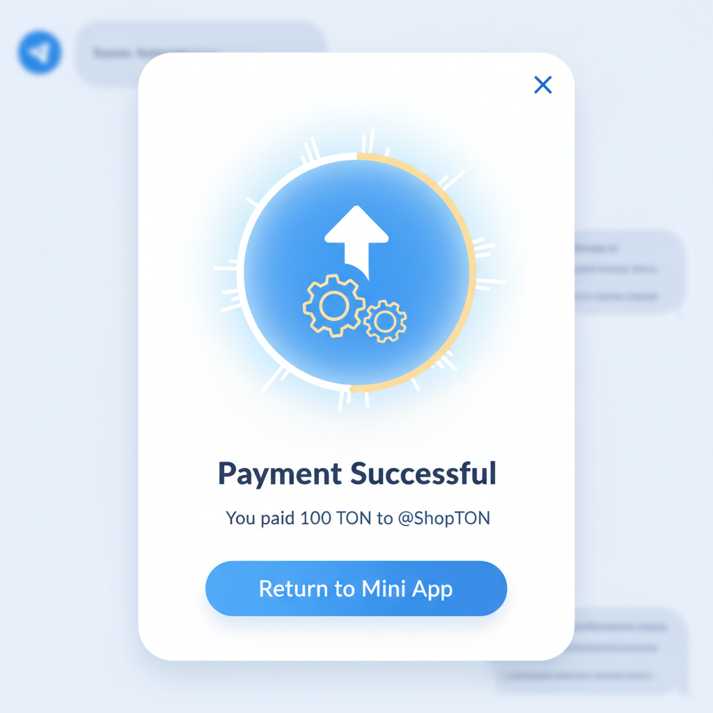 TON Pay checkout flow in Telegram Mini App, payment confirmation screen, glowing transaction animation