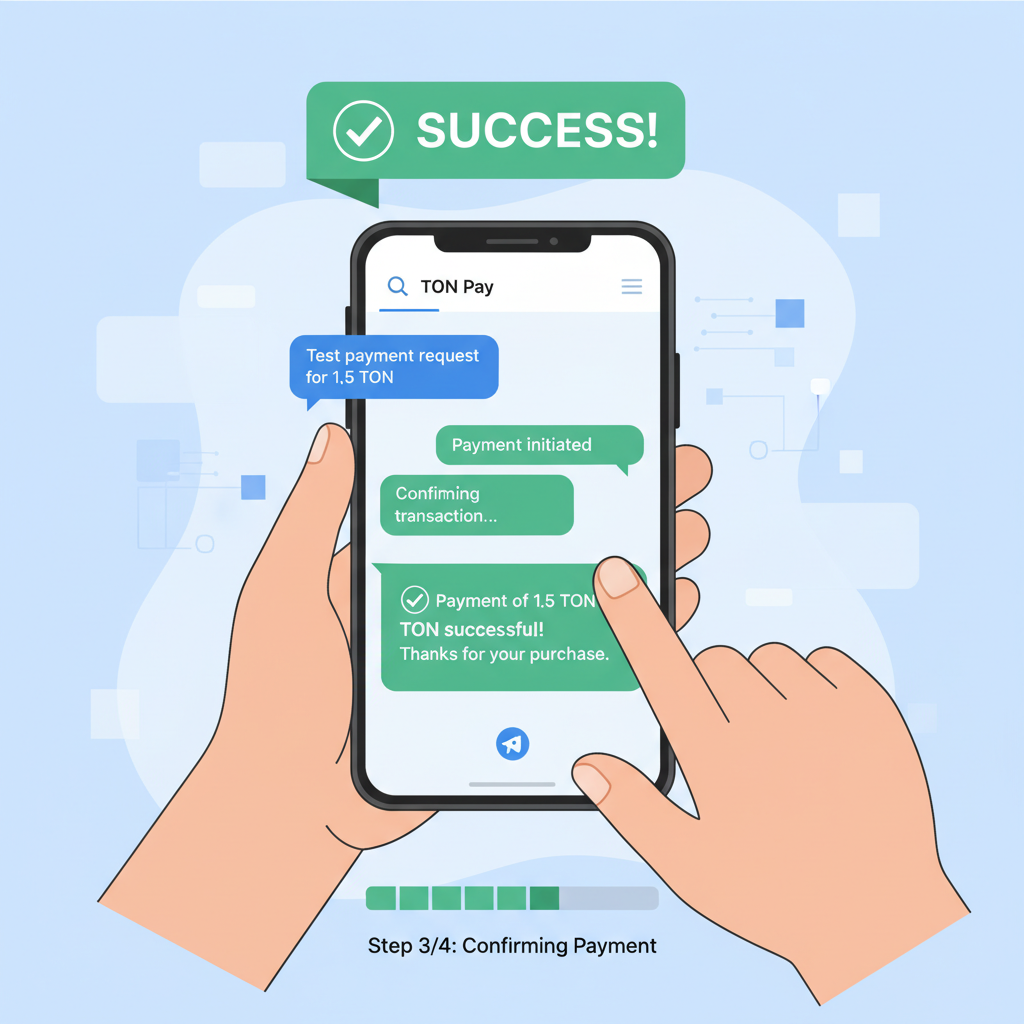 Developer testing TON Pay bot on phone, success notifications, Telegram interface