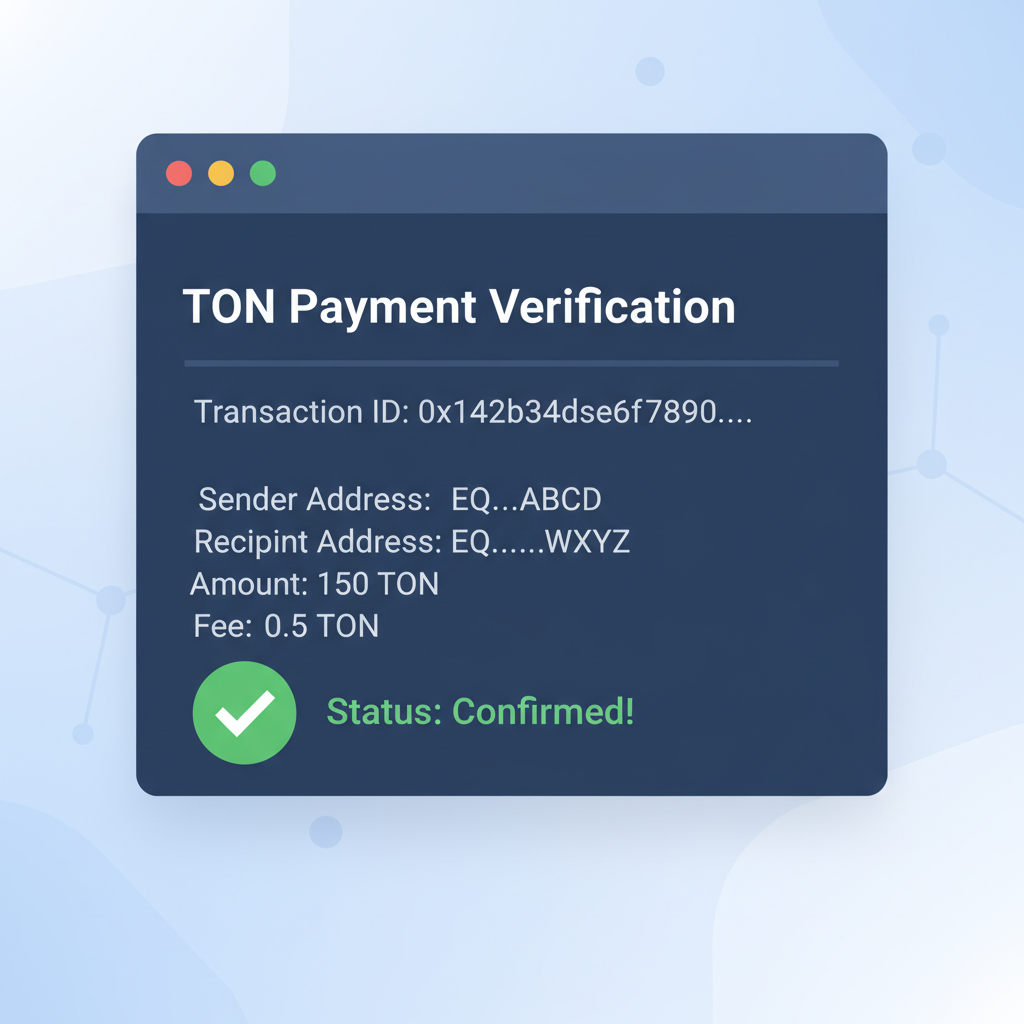 Code dashboard verifying TON payment transaction, green checkmark, blockchain explorer style