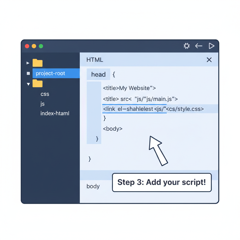 clean HTML code editor showing script tag addition to head section, professional web development interface