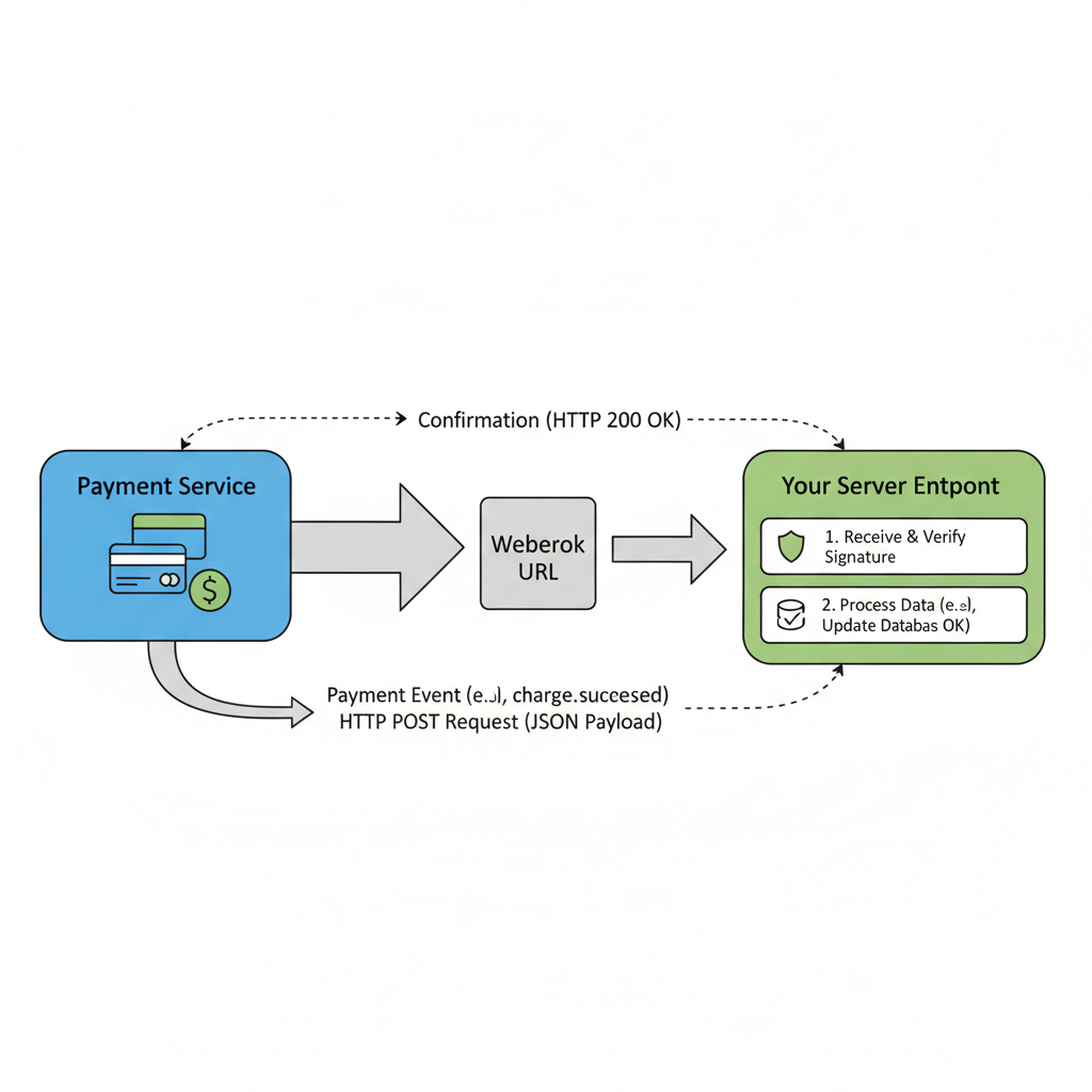 diagram of webhook flow from payment service to server endpoint, arrows showing data fulfillment process