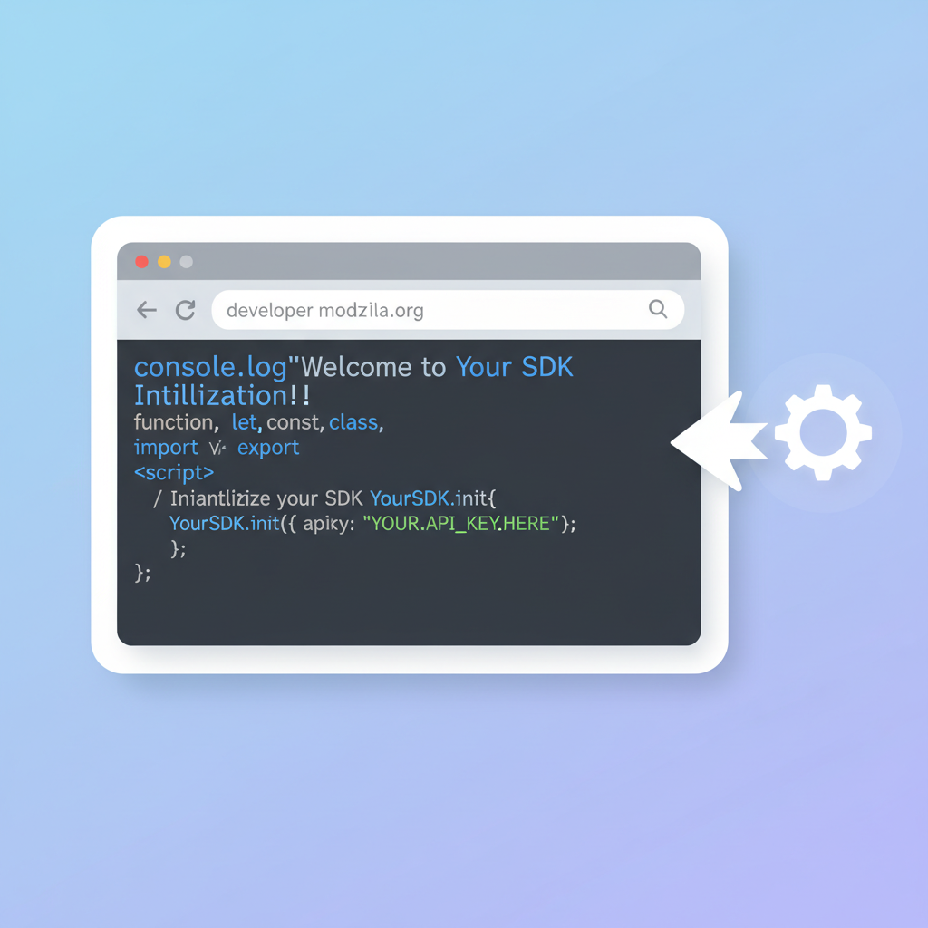 JavaScript code snippet initializing SDK with API key in browser console, code highlighting