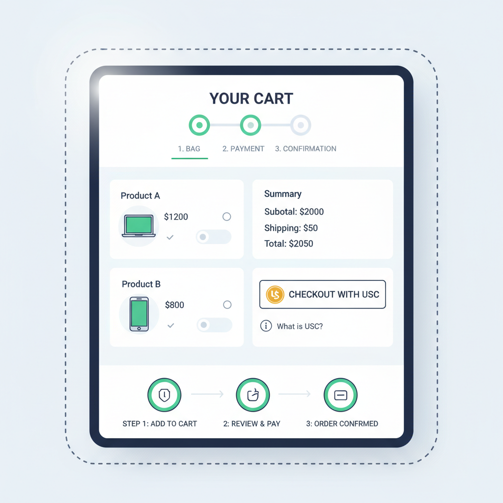 e-commerce cart page UI with prominent USDC checkout button mounted, modern shopping cart design