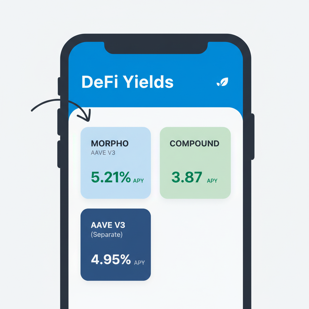 coinbase app defi earn section, morpho aave v3 cards, yield apy displays, sleek interface