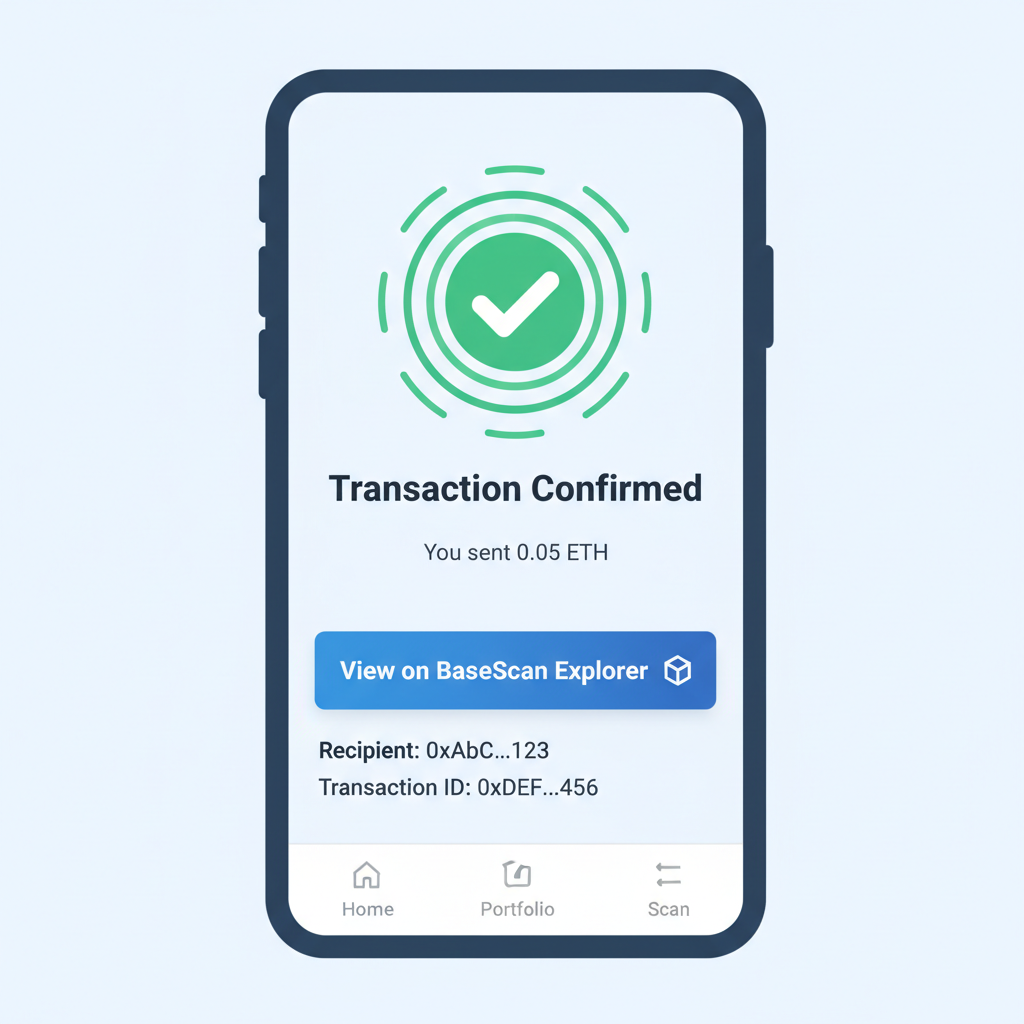coinbase app transaction confirmation screen, base blockchain explorer link, success animation