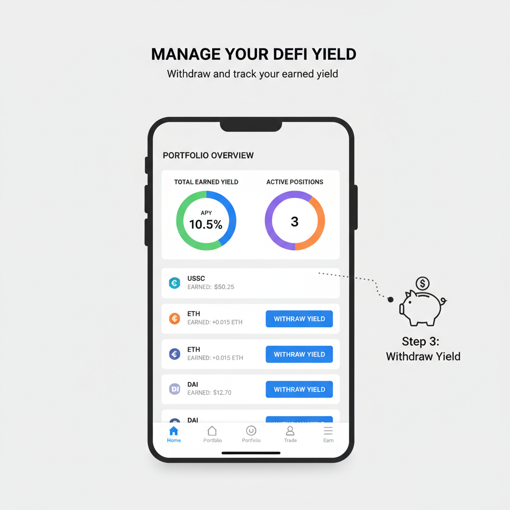 managing defi positions in coinbase app, withdraw yield buttons, portfolio overview charts
