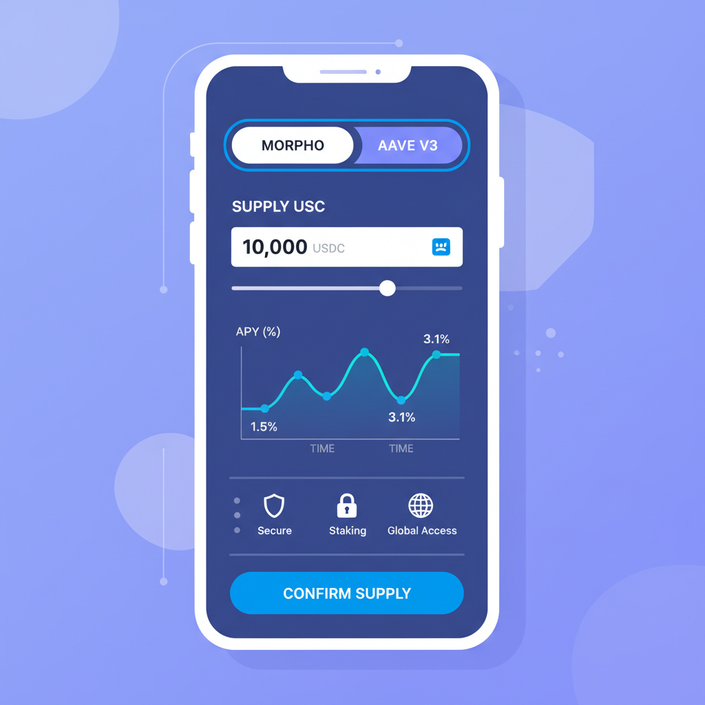 selecting morpho or aave v3 in coinbase app, usdc supply input, apy chart, futuristic defi