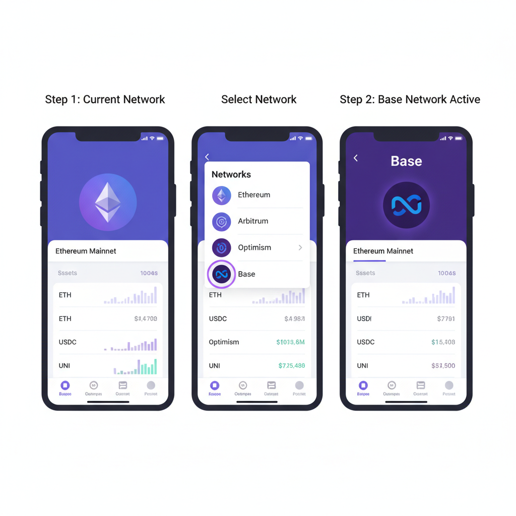 coinbase wallet app screen switching to base network, ethereum l2 icons, vibrant purple base theme