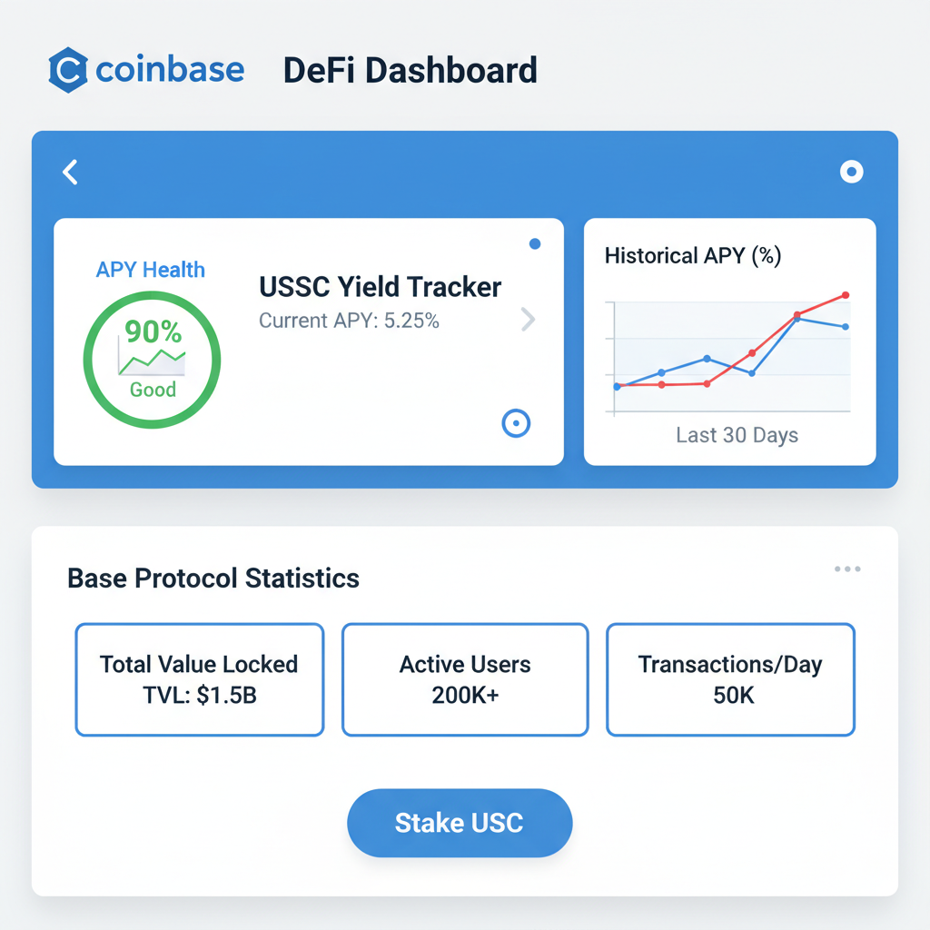 coinbase defi dashboard tracking usdc yield, graphs apy health, base protocol stats